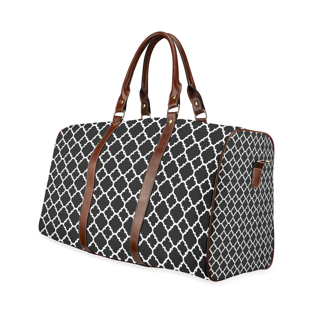 black white quatrefoil classic pattern Waterproof Travel Bag/Large (Model 1639)
