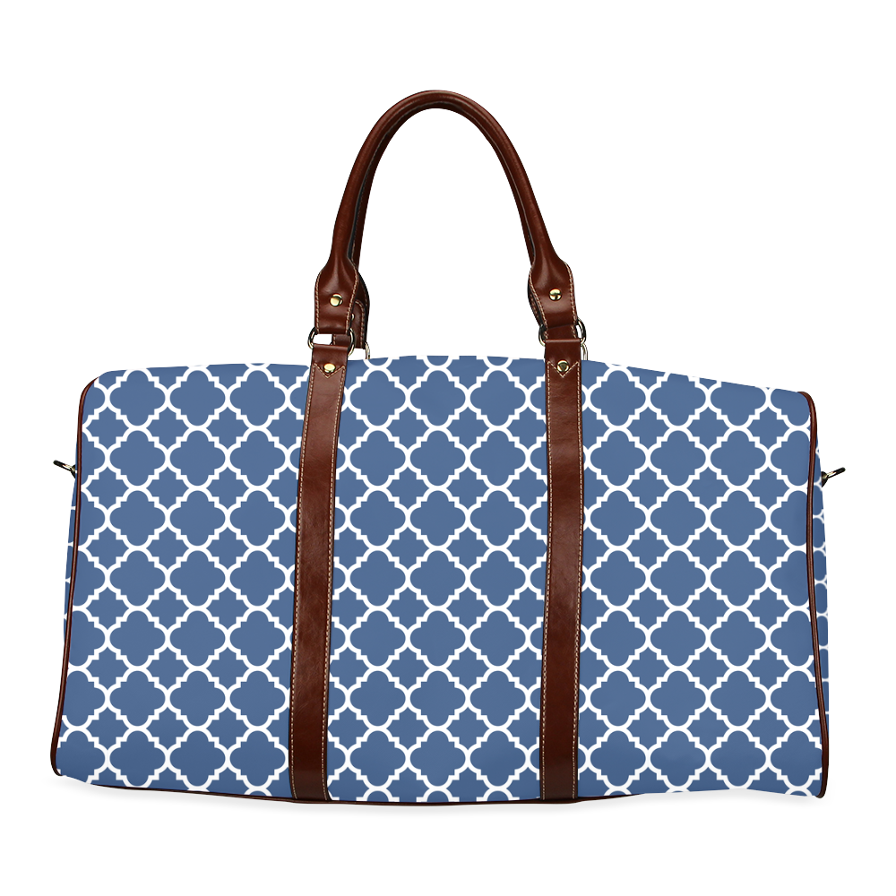 dark blue white quatrefoil classic pattern Waterproof Travel Bag/Large (Model 1639)
