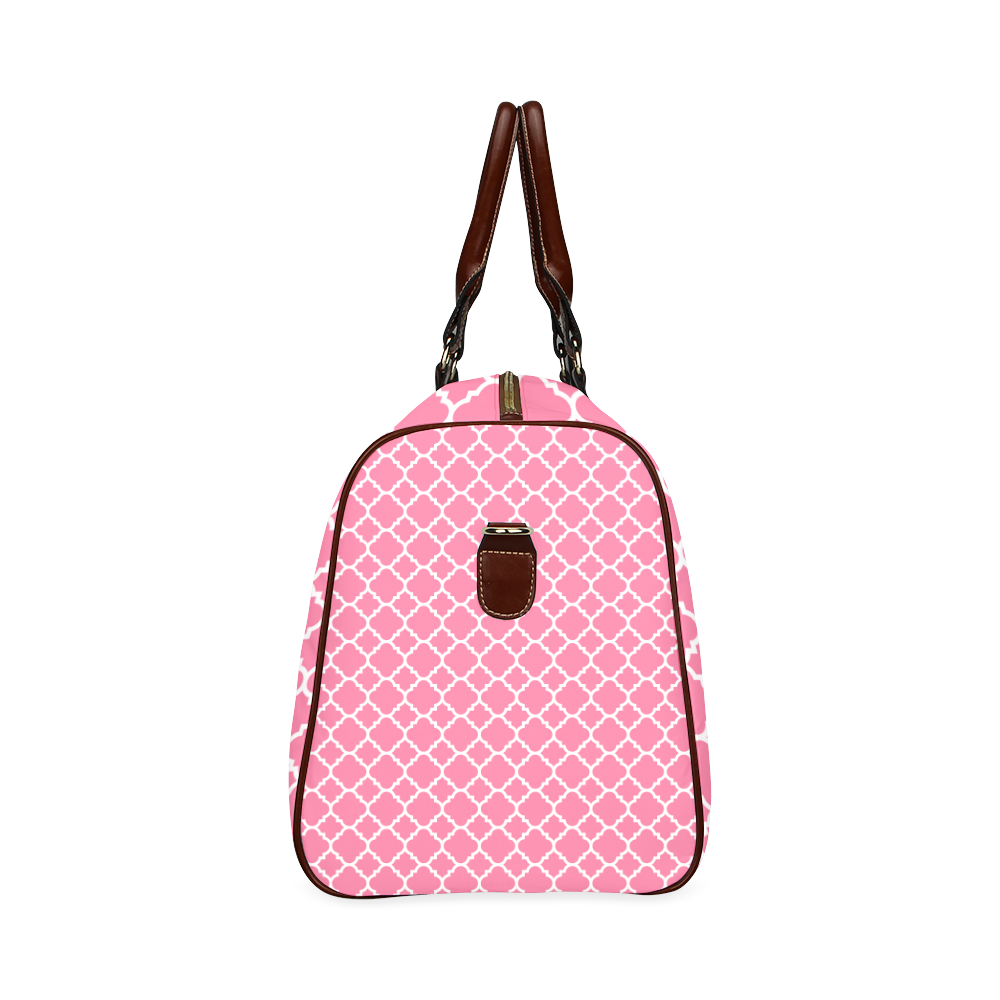 pink white quatrefoil classic pattern Waterproof Travel Bag/Large (Model 1639)