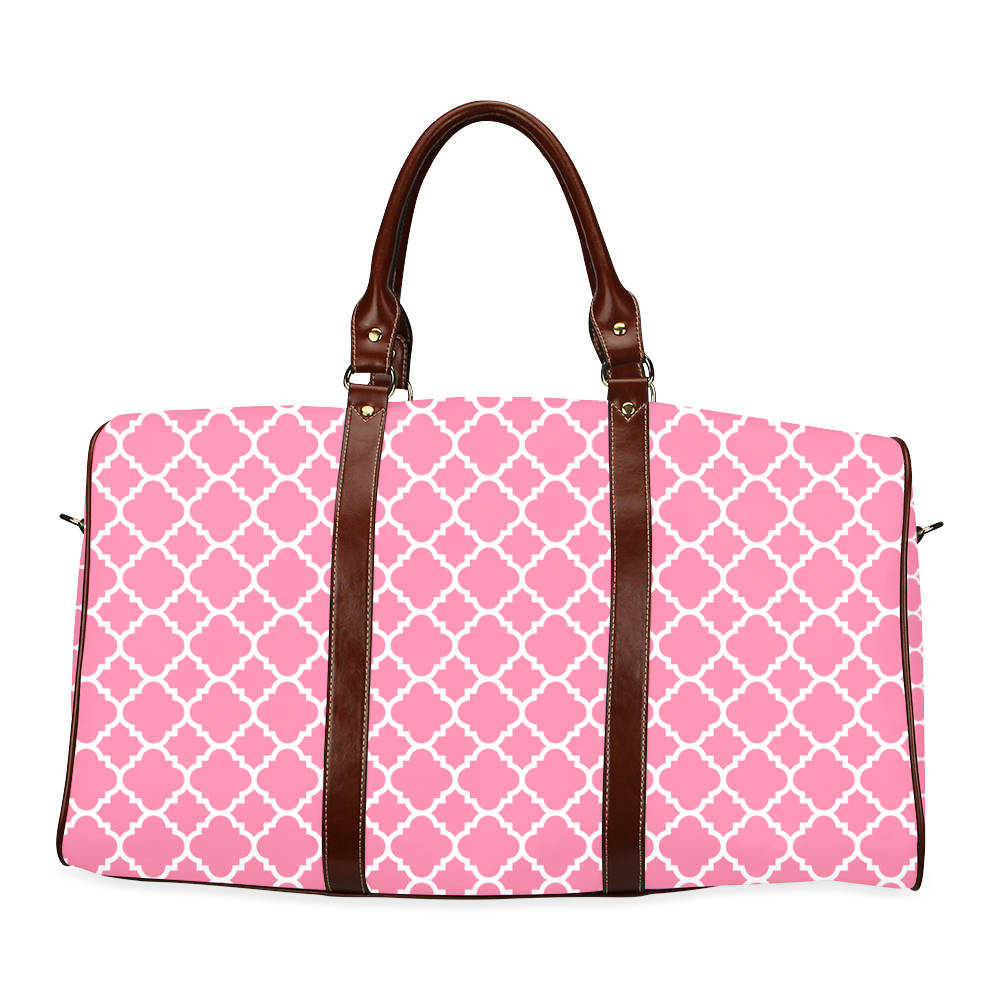 pink white quatrefoil classic pattern Waterproof Travel Bag/Large (Model 1639)