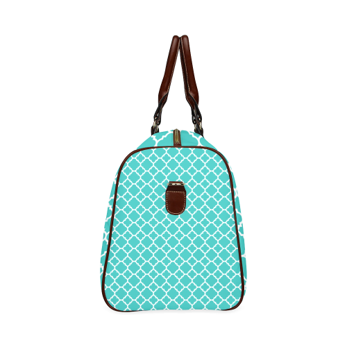 turquoise white quatrefoil classic pattern Waterproof Travel Bag/Large (Model 1639)