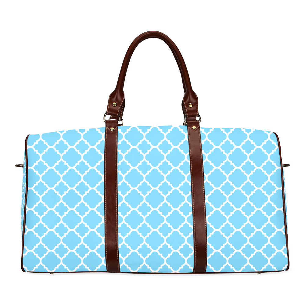 bright blue white quatrefoil classic pattern Waterproof Travel Bag/Large (Model 1639)
