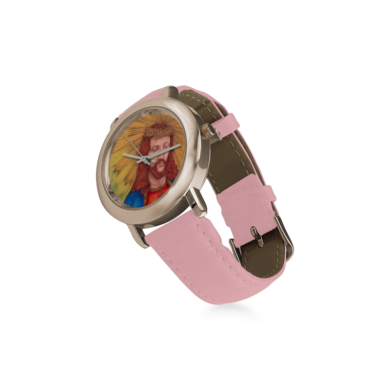 Sacred Heart Of Jesus Christ Drawing Women's Rose Gold Leather Strap Watch(Model 201)