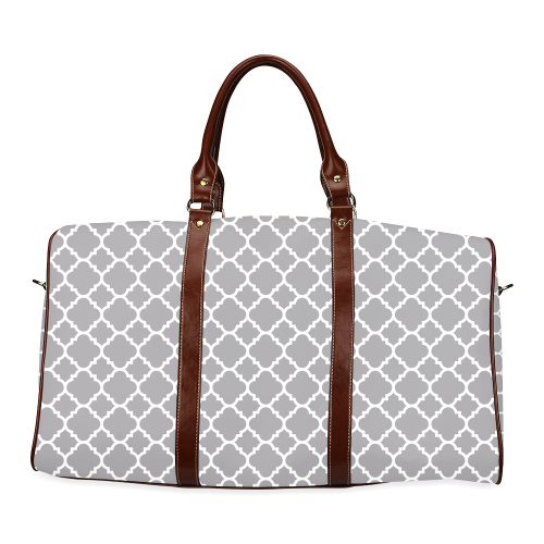 grey white quatrefoil classic pattern Waterproof Travel Bag/Large (Model 1639)