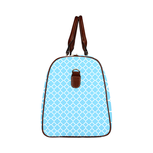 bright blue white quatrefoil classic pattern Waterproof Travel Bag/Large (Model 1639)