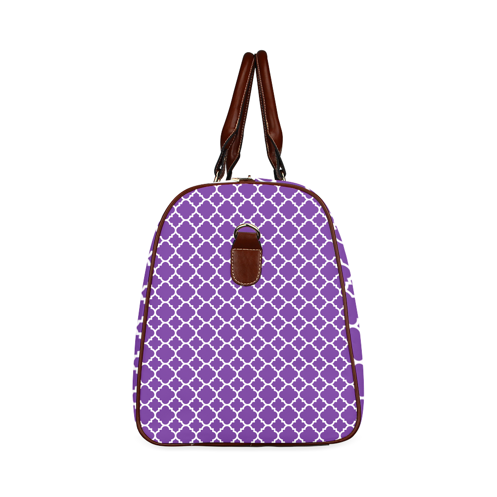 royal purple white quatrefoil classic pattern Waterproof Travel Bag/Large (Model 1639)