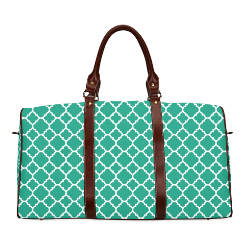 emerald green white quatrefoil classic pattern Waterproof Travel Bag/Large (Model 1639)