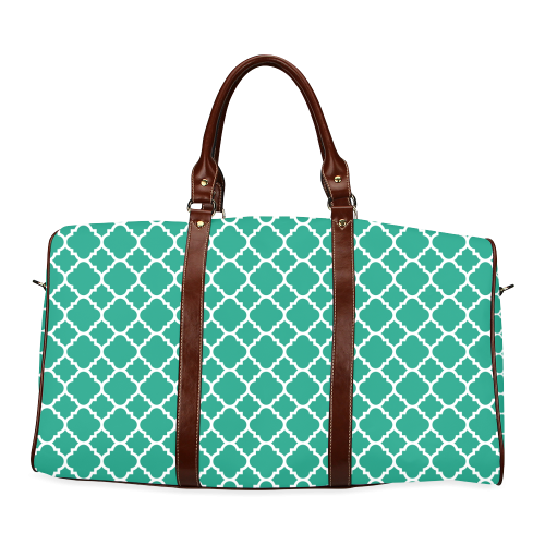 emerald green white quatrefoil classic pattern Waterproof Travel Bag/Large (Model 1639)