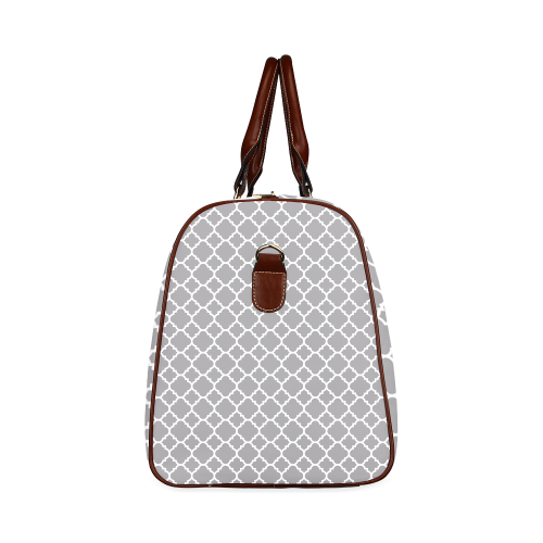 grey white quatrefoil classic pattern Waterproof Travel Bag/Large (Model 1639)