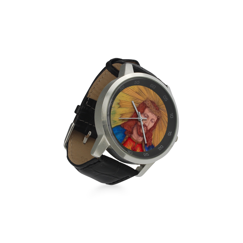 Sacred Heart Of Jesus Christ Drawing Unisex Stainless Steel Leather Strap Watch(Model 202)