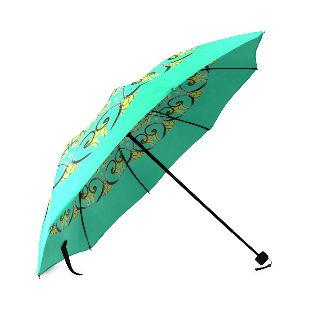 Green Lace Flowers Mandala Design Teal Foldable Umbrella (Model U01)