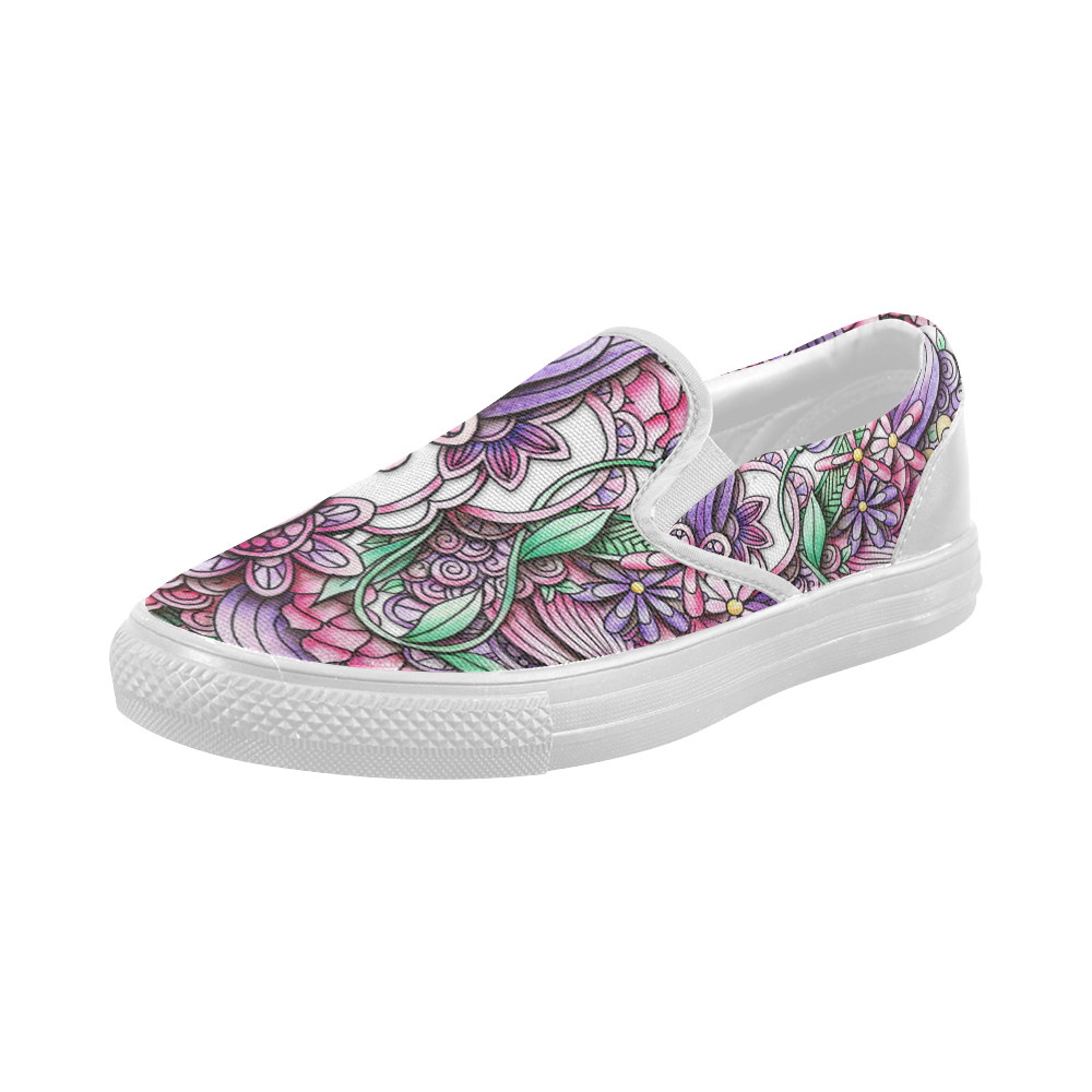 Pink Purple flower drawing Women's Slip-on Canvas Shoes (Model 019)