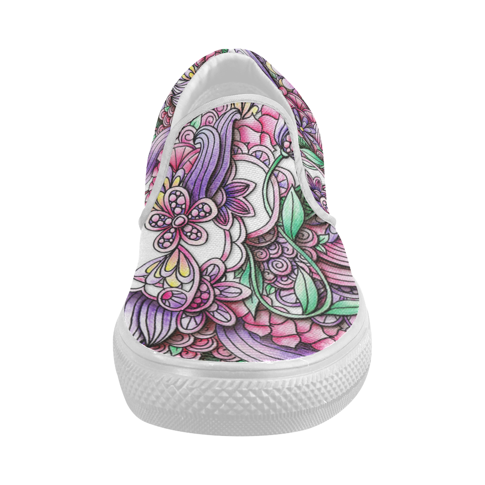 Pink Purple flower drawing Women's Slip-on Canvas Shoes (Model 019)