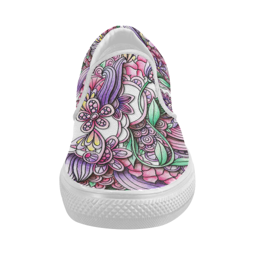 Pink Purple flower drawing Women's Slip-on Canvas Shoes (Model 019)