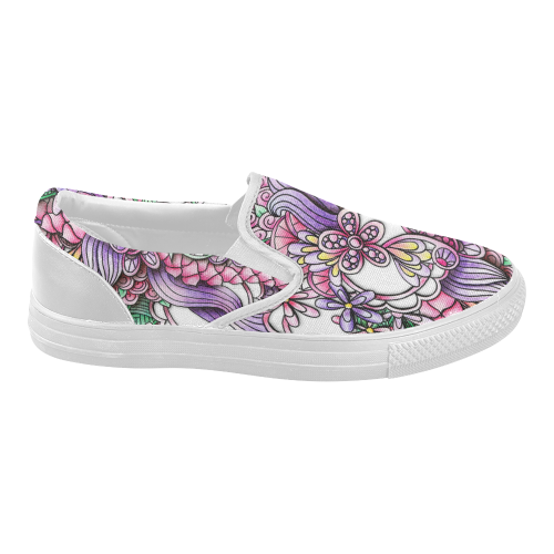 Pink Purple flower drawing Women's Slip-on Canvas Shoes (Model 019)