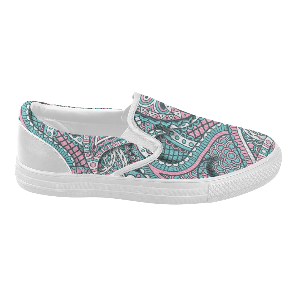 Pink teal white fun ornate paisley pattern Women's Slip-on Canvas Shoes (Model 019)