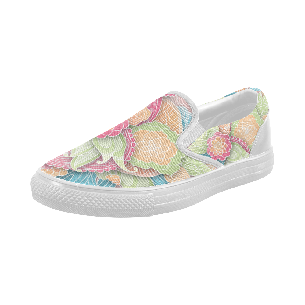 bright blue green pink yellow flowers Women's Slip-on Canvas Shoes (Model 019)