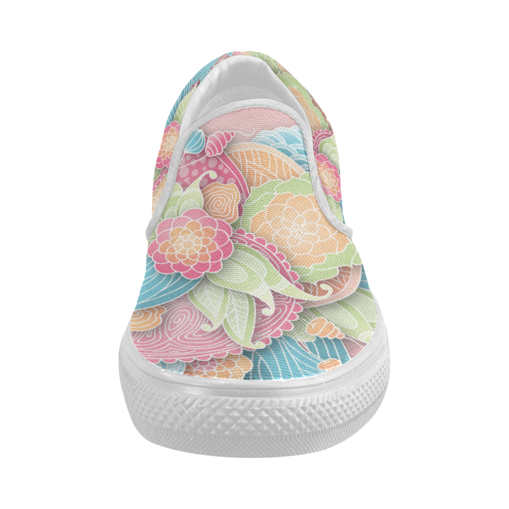 bright blue green pink yellow flowers Women's Slip-on Canvas Shoes (Model 019)