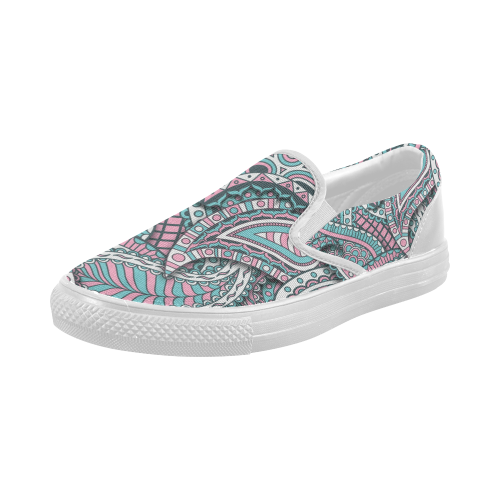 Pink teal white fun ornate paisley pattern Women's Slip-on Canvas Shoes (Model 019)