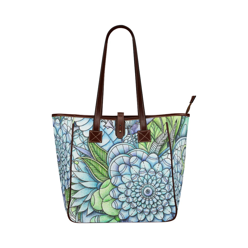 Blue Green flower drawing peaceful garden 2 Classic Tote Bag (Model 1644)