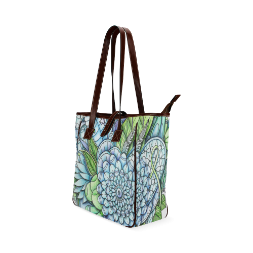 Blue Green flower drawing peaceful garden 2 Classic Tote Bag (Model 1644)