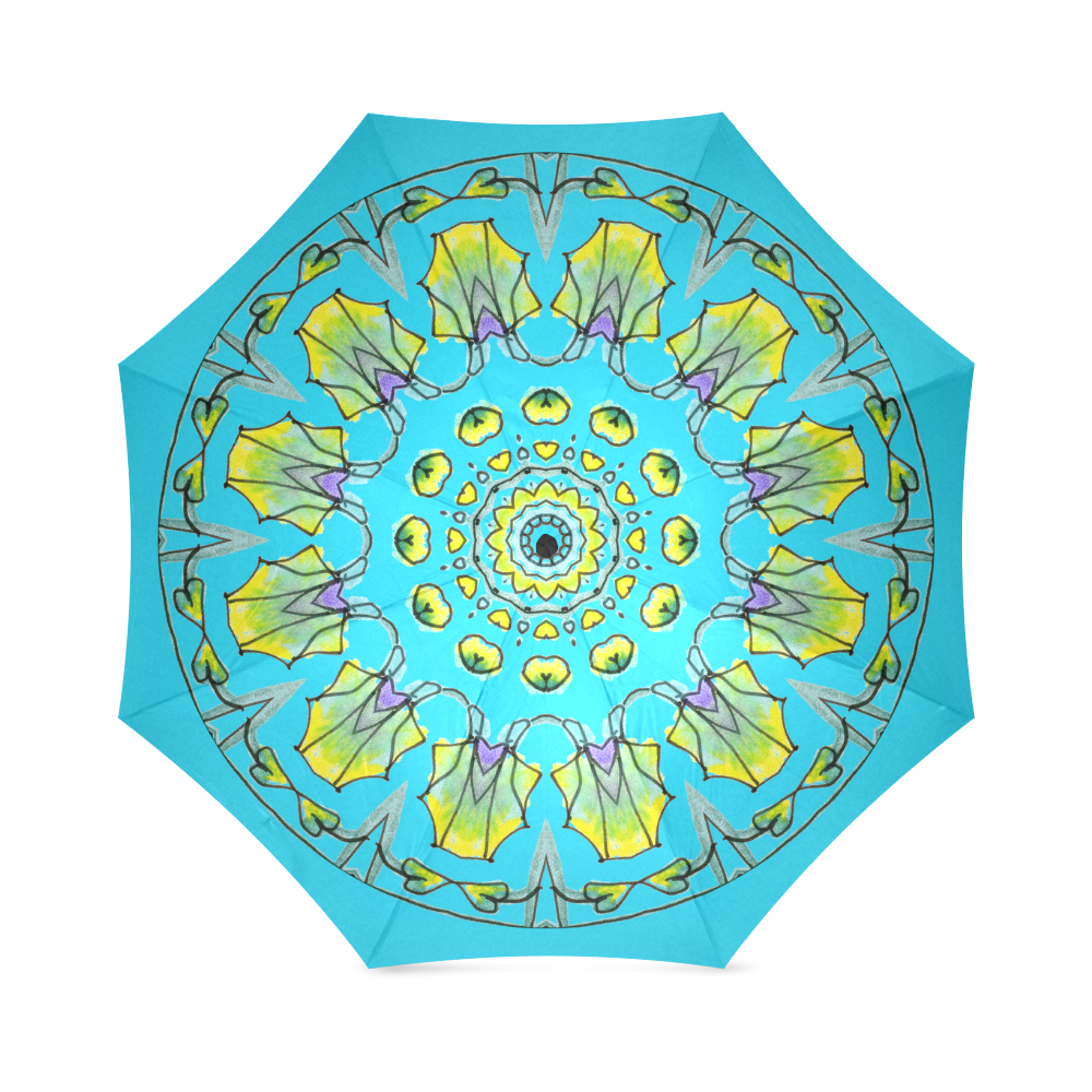 Yellow, Green, Purple Flowers, Leaves Mandala Teal Foldable Umbrella (Model U01)