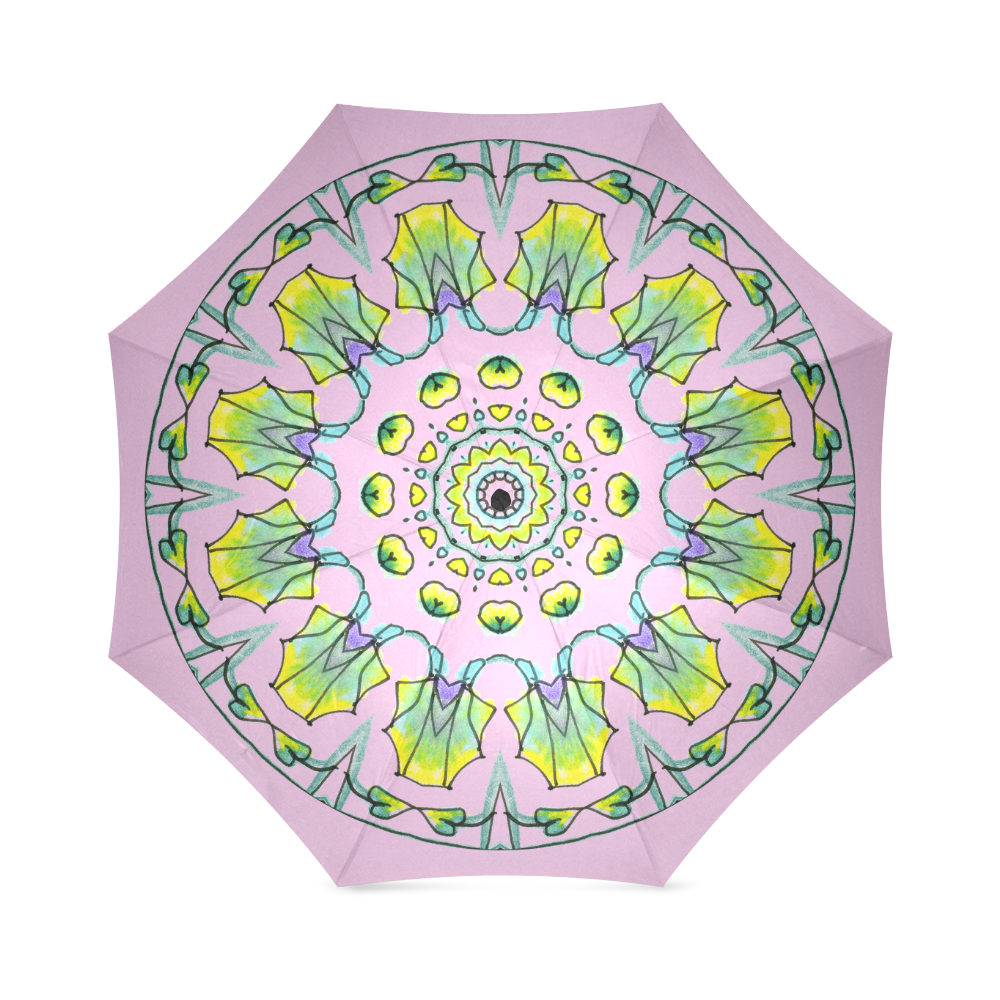 Yellow, Green, Purple Flowers, Leaves Mandala Pastel Pink Foldable Umbrella (Model U01)