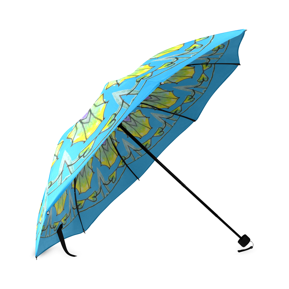 Yellow, Green, Purple Flowers, Leaves Mandala Sky Blue Foldable Umbrella (Model U01)