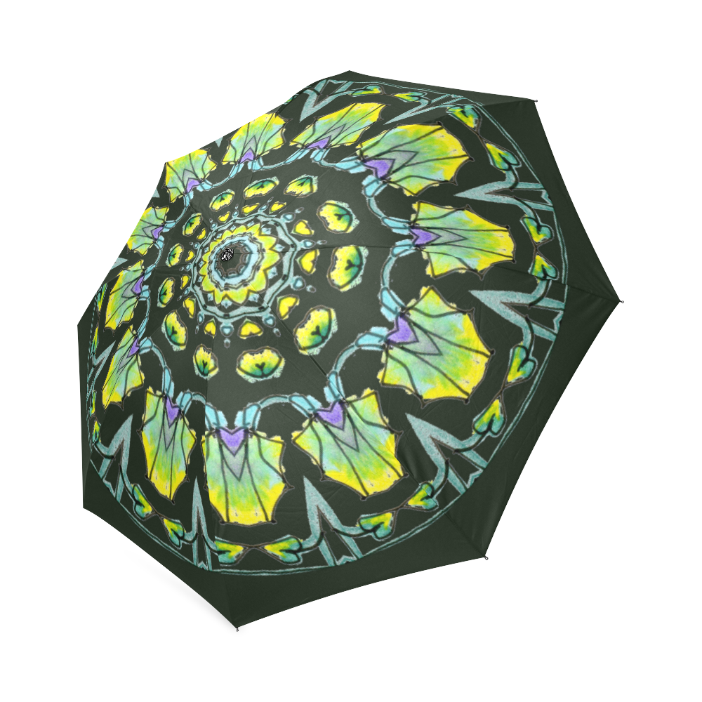 Yellow, Green, Purple Flowers, Leaves Mandala Dark Green Foldable Umbrella (Model U01)