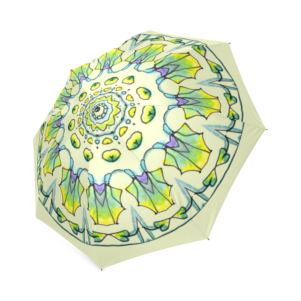 Yellow, Green, Purple Flowers, Leaves Mandala Cream Foldable Umbrella (Model U01)