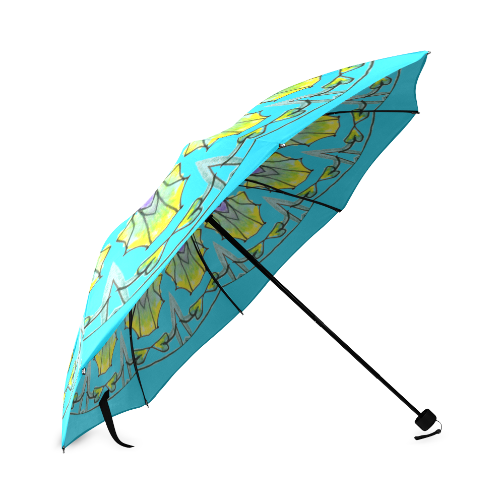 Yellow, Green, Purple Flowers, Leaves Mandala Teal Foldable Umbrella (Model U01)