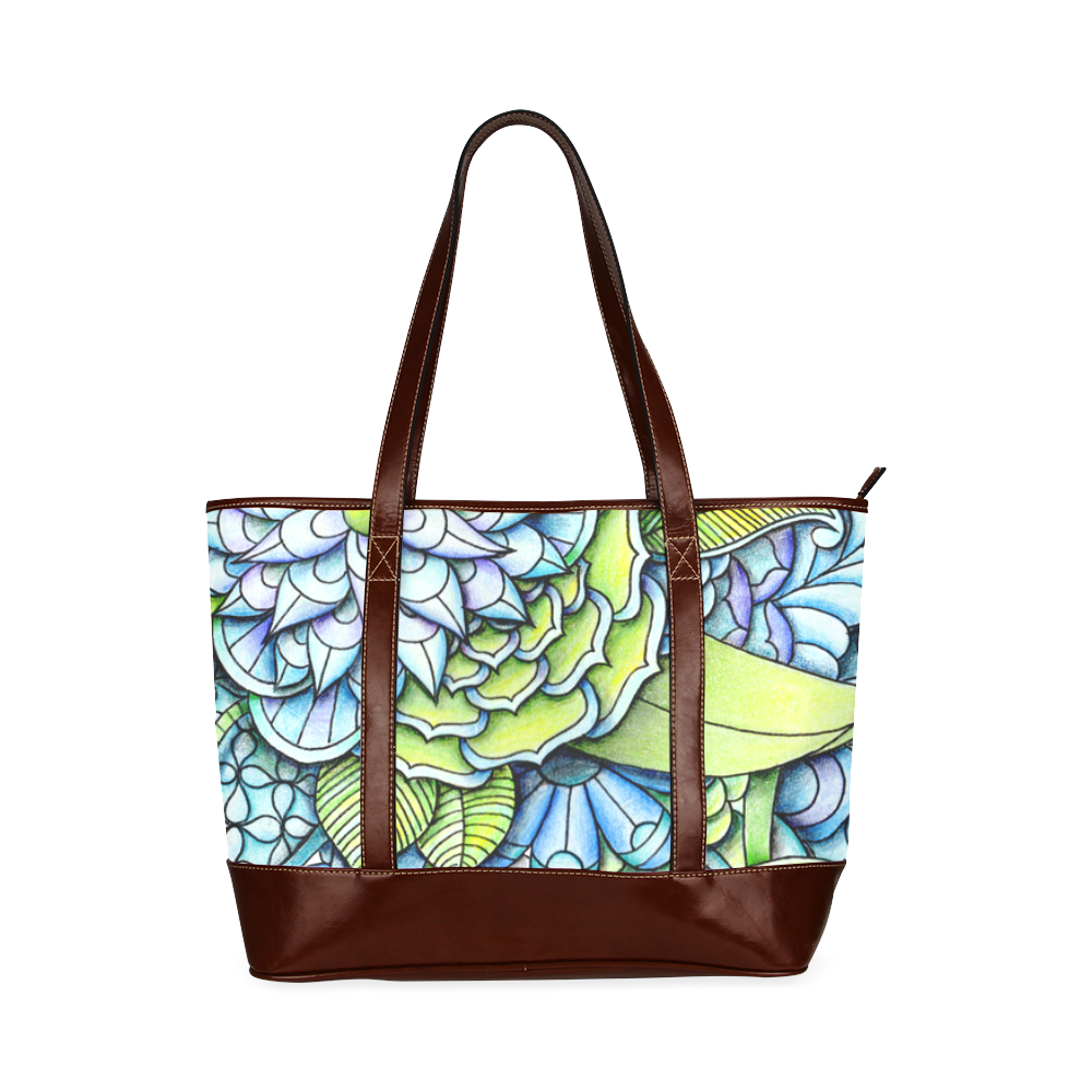 Blue green flower drawing Peaceful Garden Tote Handbag (Model 1642)