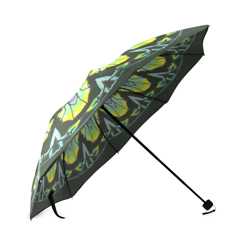 Yellow, Green, Purple Flowers, Leaves Mandala Dark Green Foldable Umbrella (Model U01)