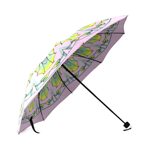 Yellow, Green, Purple Flowers, Leaves Mandala Pastel Pink Foldable Umbrella (Model U01)