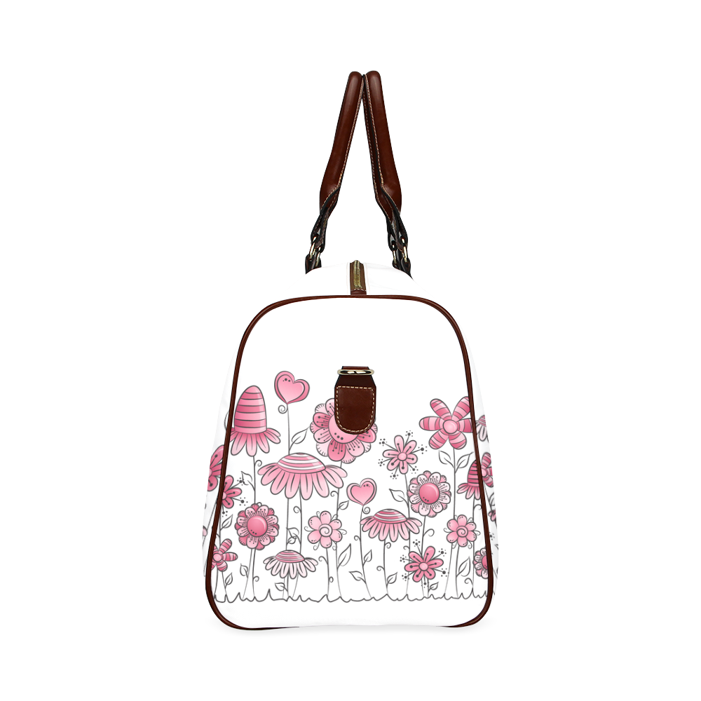 pink doodle flower field Waterproof Travel Bag/Large (Model 1639)