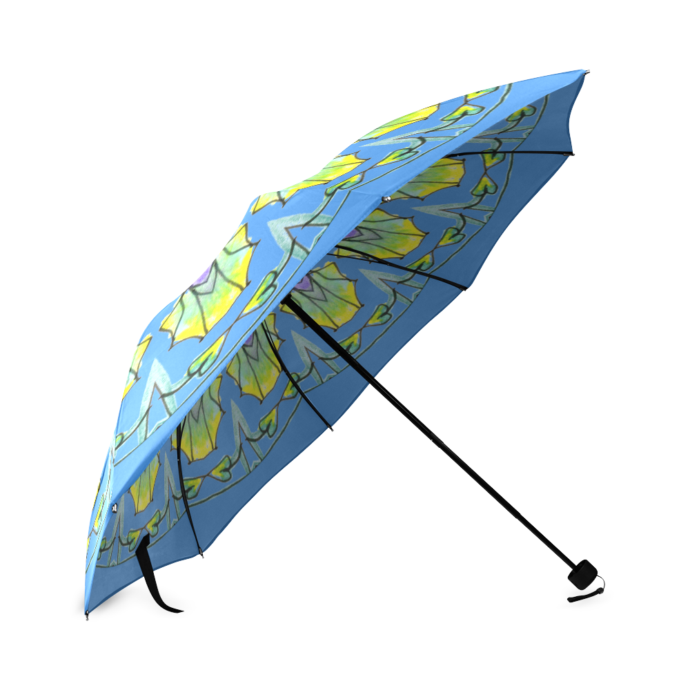Yellow, Green, Purple Flowers, Leaves Mandala Blue Foldable Umbrella (Model U01)