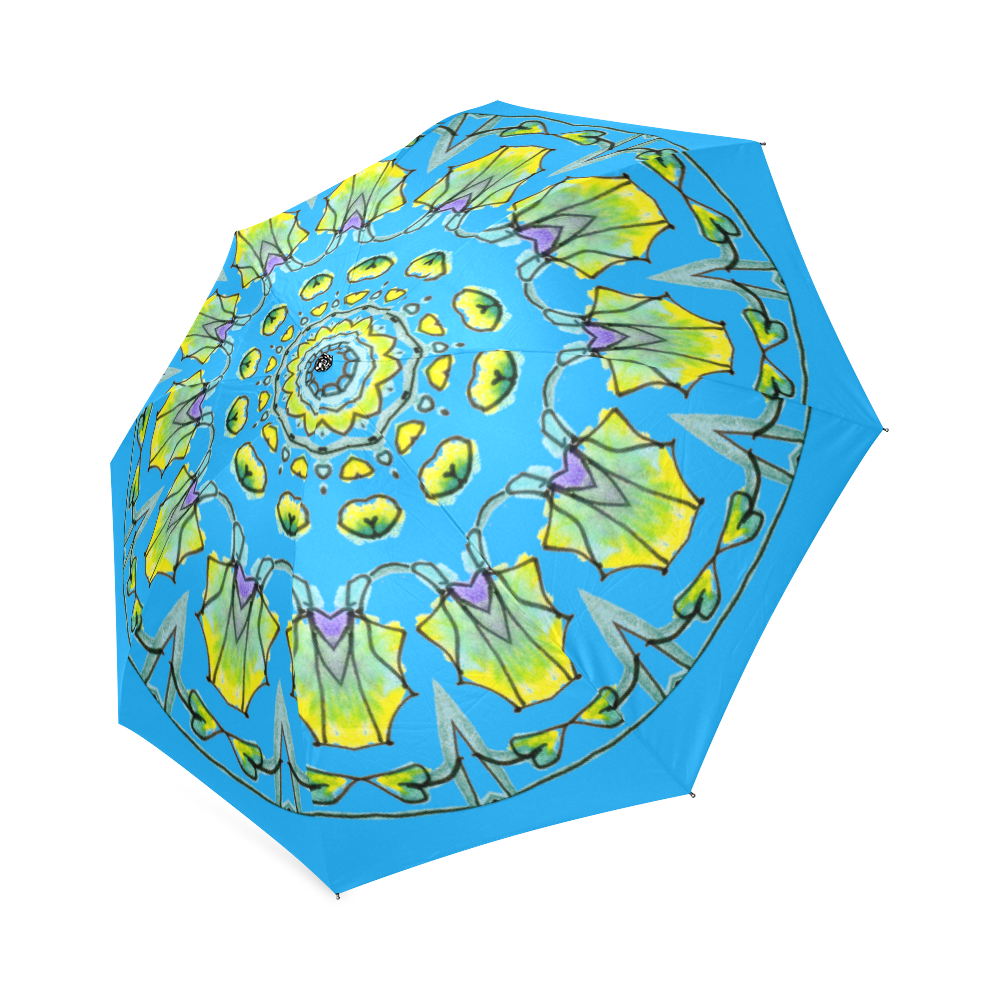 Yellow, Green, Purple Flowers, Leaves Mandala Sky Blue Foldable Umbrella (Model U01)