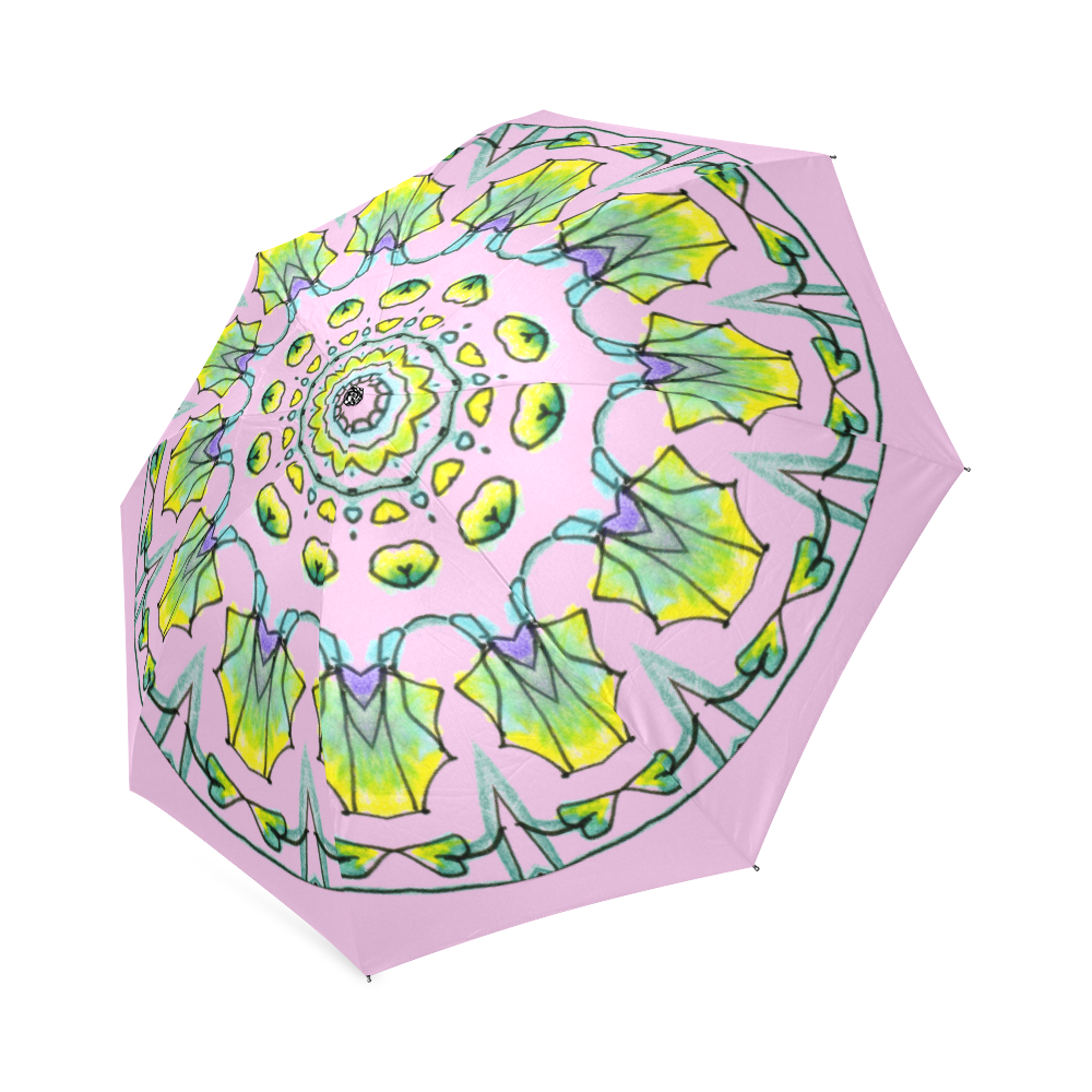 Yellow, Green, Purple Flowers, Leaves Mandala Pastel Pink Foldable Umbrella (Model U01)