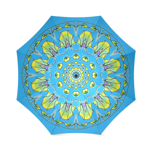 Yellow, Green, Purple Flowers, Leaves Mandala Sky Blue Foldable Umbrella (Model U01)