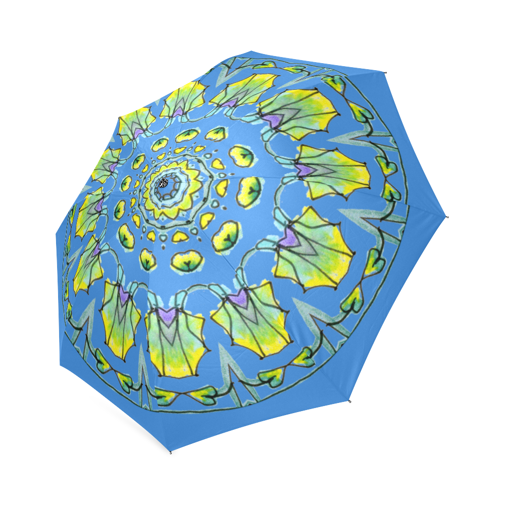 Yellow, Green, Purple Flowers, Leaves Mandala Blue Foldable Umbrella (Model U01)