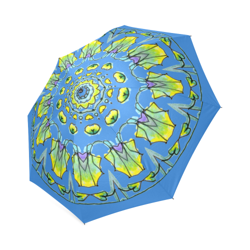 Yellow, Green, Purple Flowers, Leaves Mandala Blue Foldable Umbrella (Model U01)