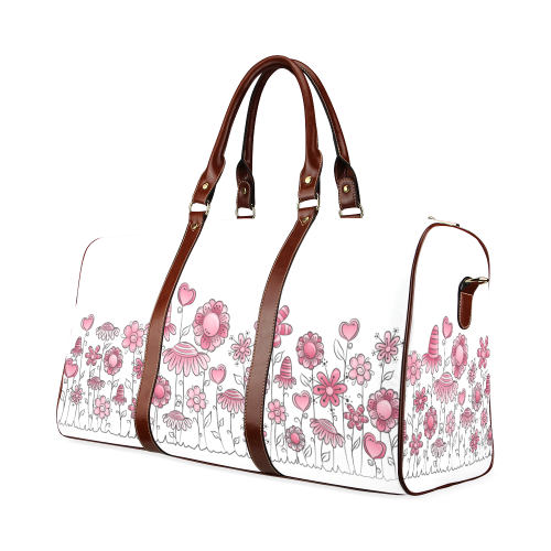 pink doodle flower field Waterproof Travel Bag/Large (Model 1639)