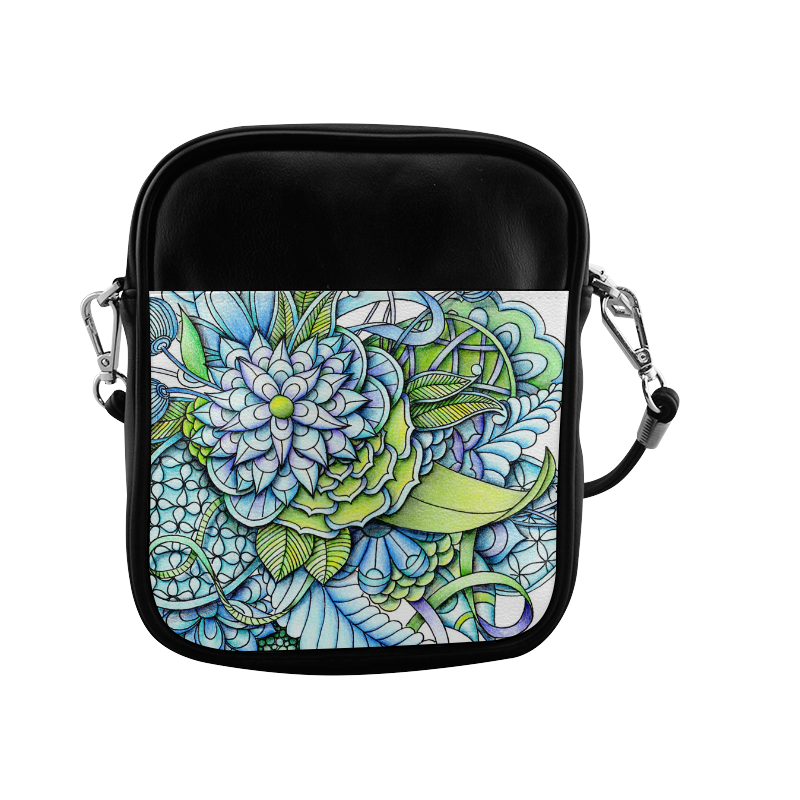 Blue green flower drawing Peaceful Garden Sling Bag (Model 1627)