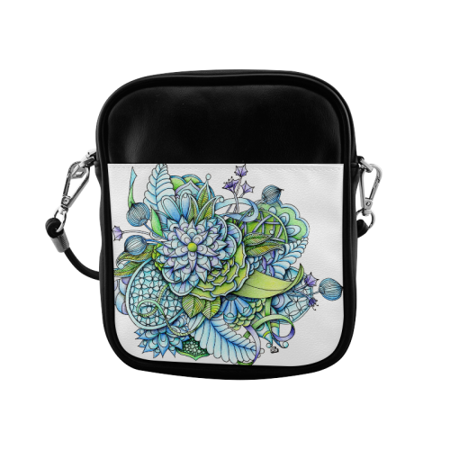 Blue green flower drawing Peaceful Garden Sling Bag (Model 1627)