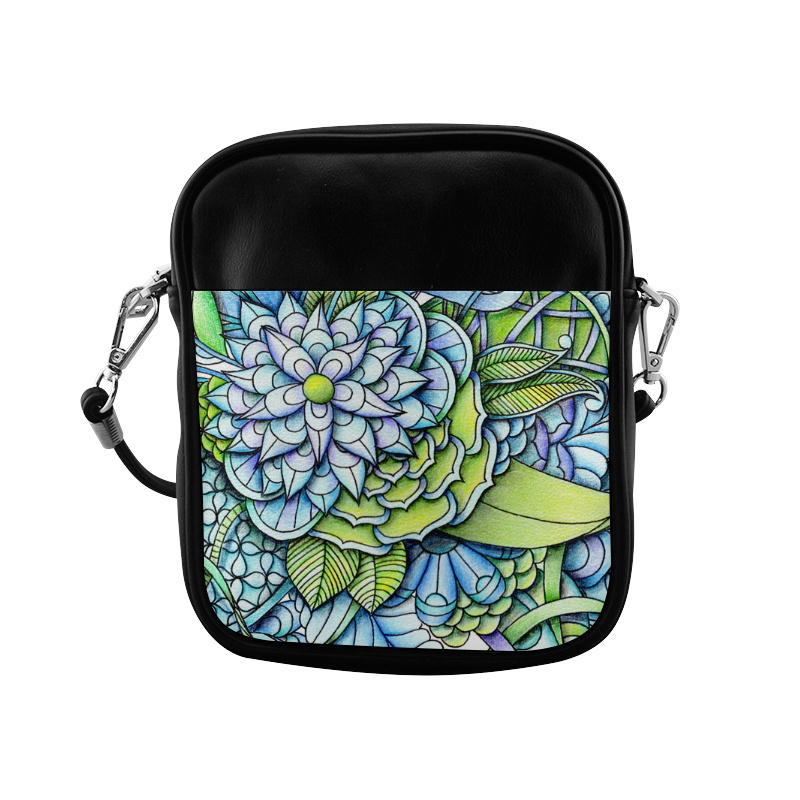 Blue green flower drawing Peaceful Garden Sling Bag (Model 1627)