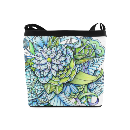 Blue green flower drawing Peaceful Garden Crossbody Bags (Model 1613)