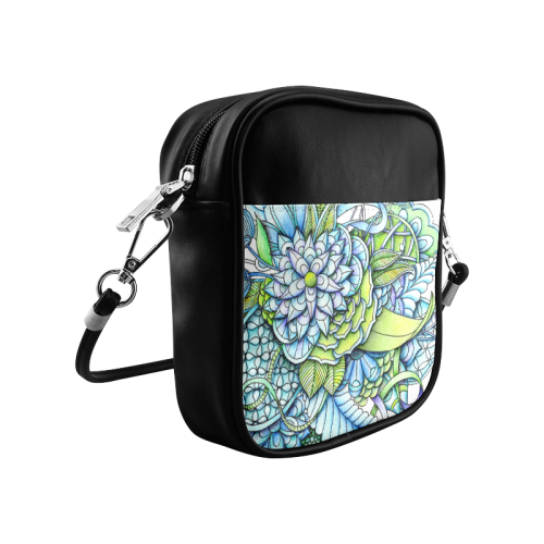 Blue green flower drawing Peaceful Garden Sling Bag (Model 1627)