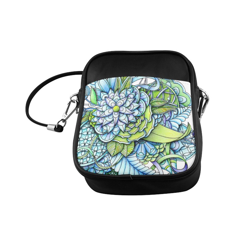 Blue green flower drawing Peaceful Garden Sling Bag (Model 1627)