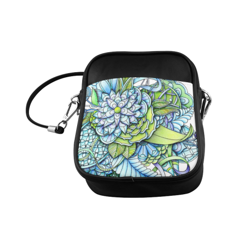 Blue green flower drawing Peaceful Garden Sling Bag (Model 1627)