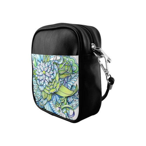 Blue green flower drawing Peaceful Garden Sling Bag (Model 1627)